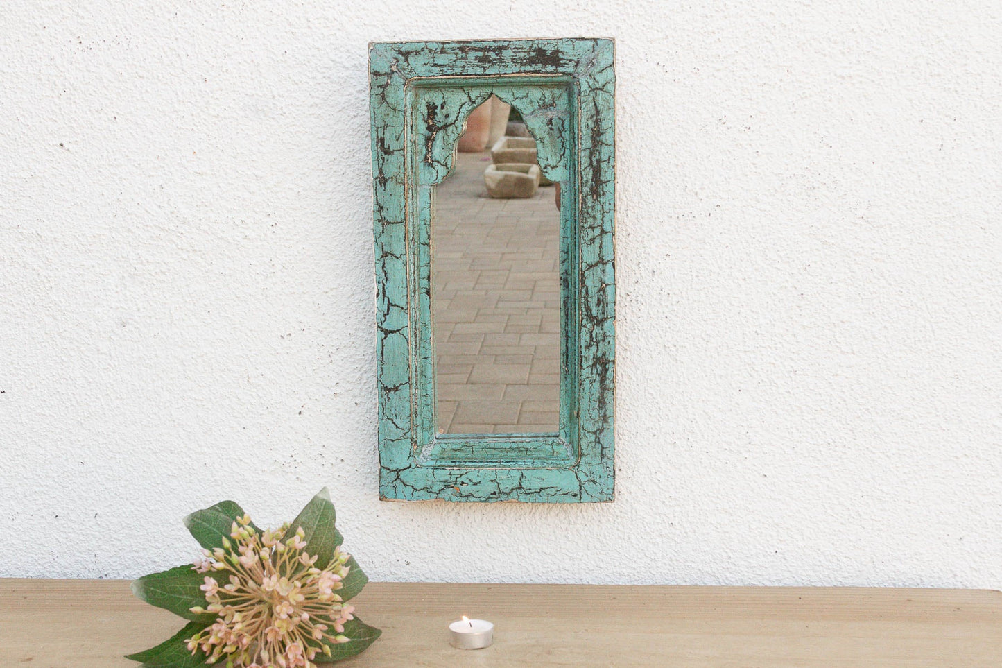 Crackle Vintage Aqua Indian Arched Mirror