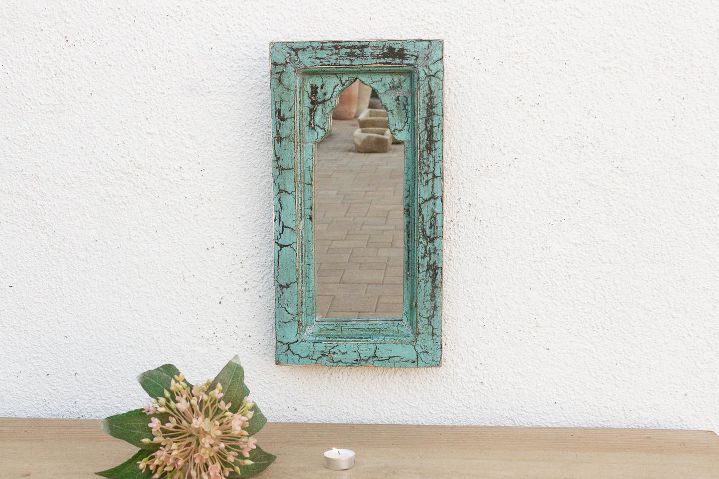 Crackle Vintage Aqua Indian Arched Mirror