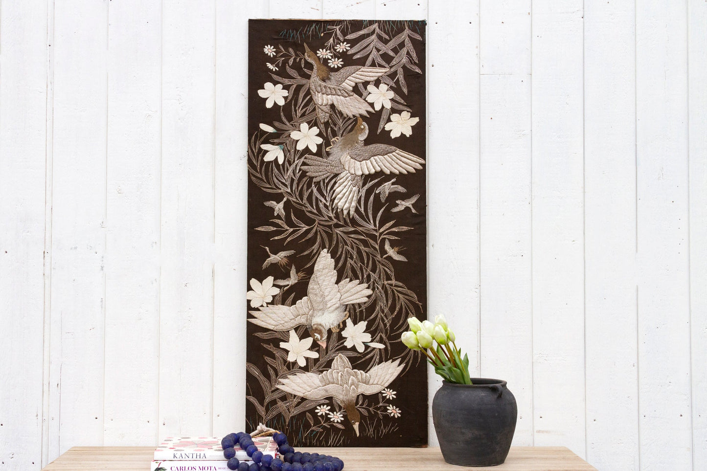 Mid-Century Vintage Embroidered Flying Birds Textile Art