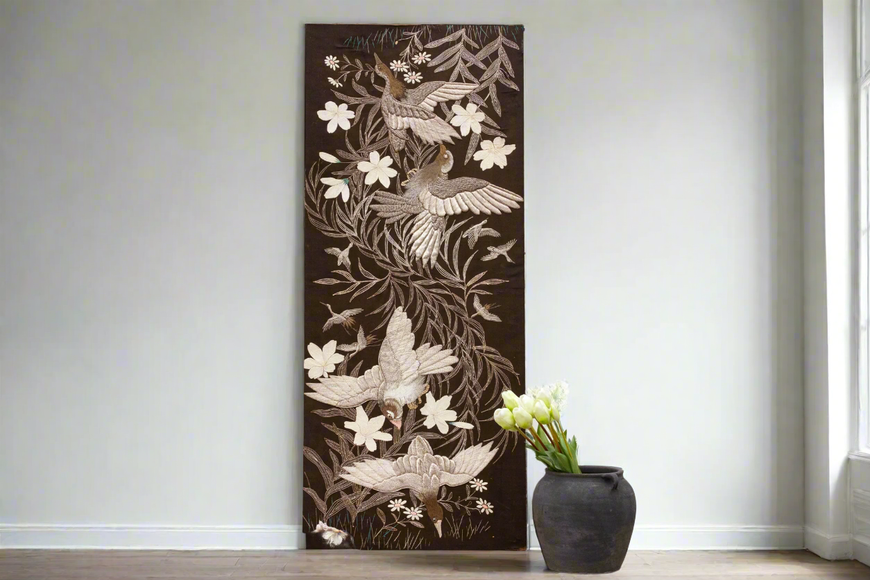 Mid-Century Vintage Embroidered Flying Birds Textile Art
