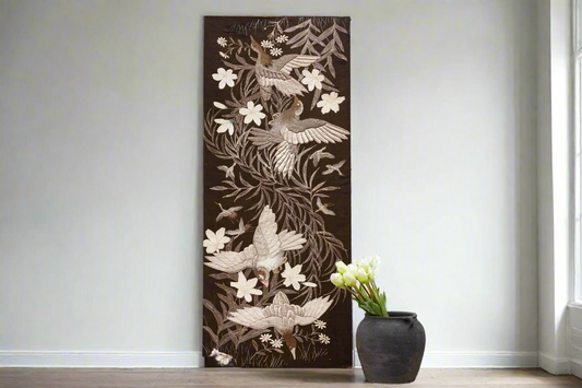 Mid-Century Vintage Embroidered Flying Birds Textile Art