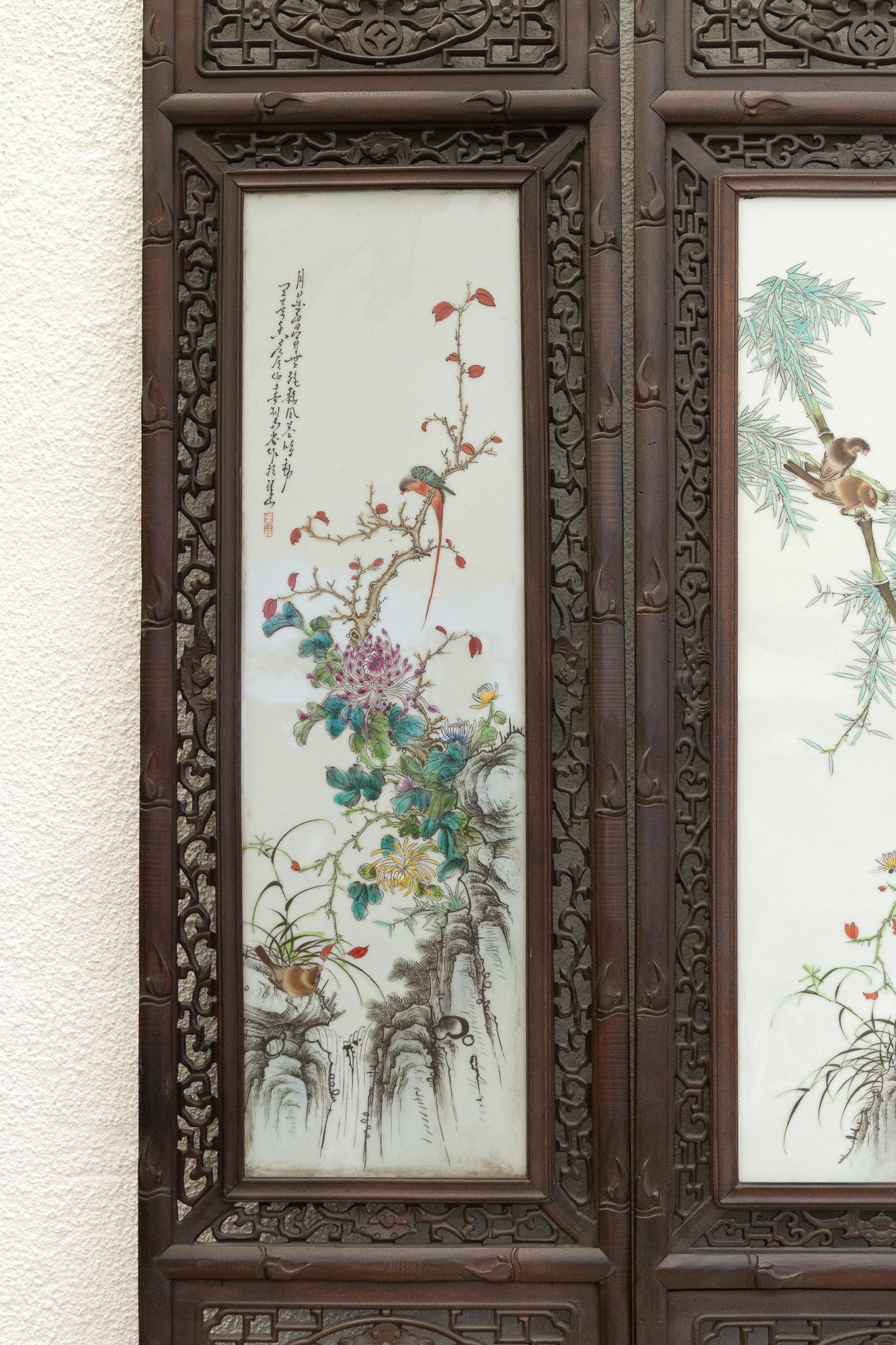 Set of 4, Finely Carved Chinese Wall Porcelain Panels