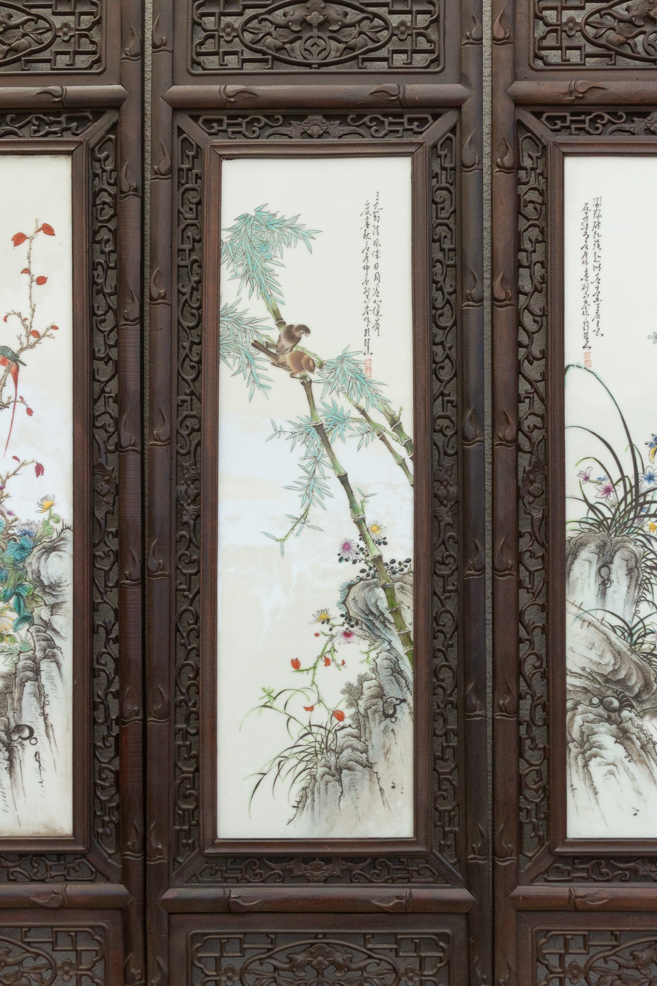 Set of 4, Finely Carved Chinese Wall Porcelain Panels