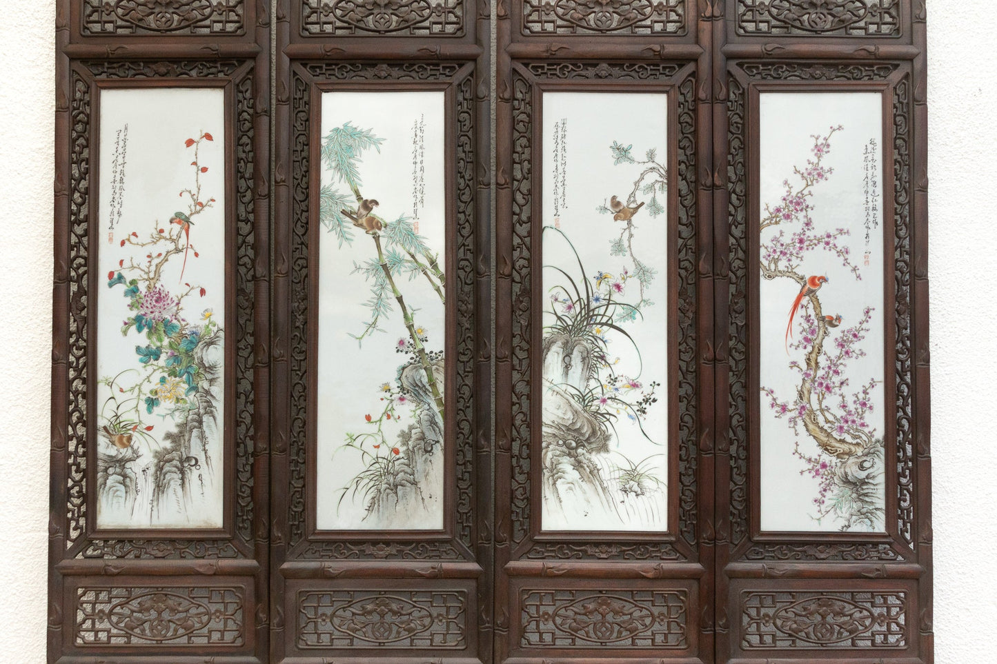 Set of 4, Finely Carved Chinese Wall Porcelain Panels