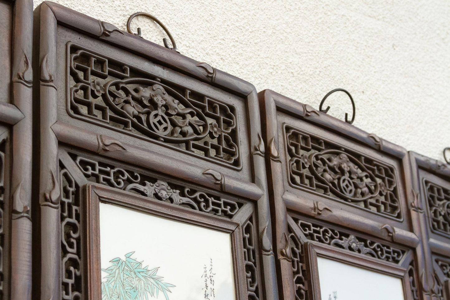 Set of 4, Finely Carved Chinese Wall Porcelain Panels