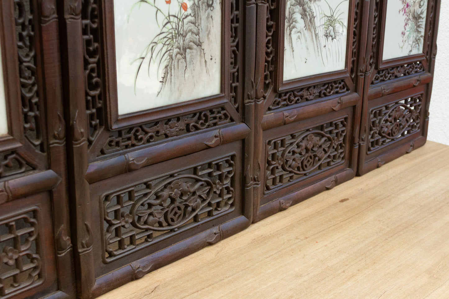 Set of 4, Finely Carved Chinese Wall Porcelain Panels