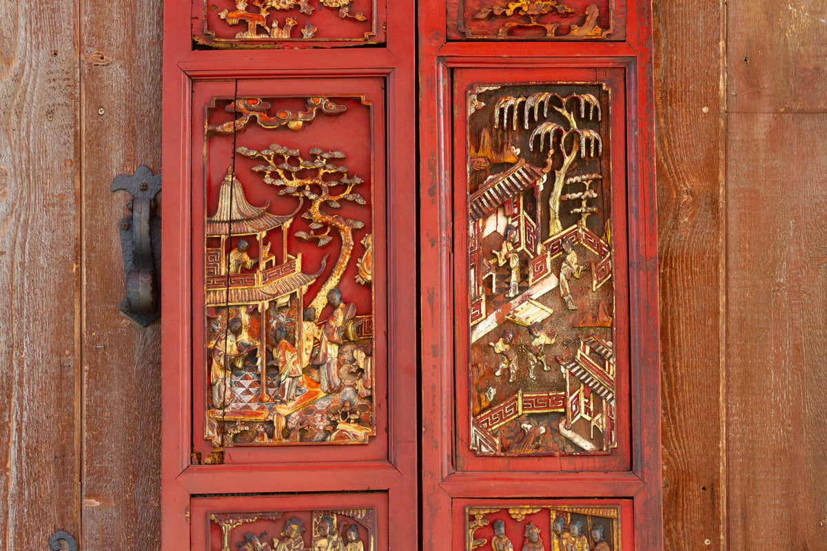 Antique Scarlet Red Gilt Asian Panels, Set of 2