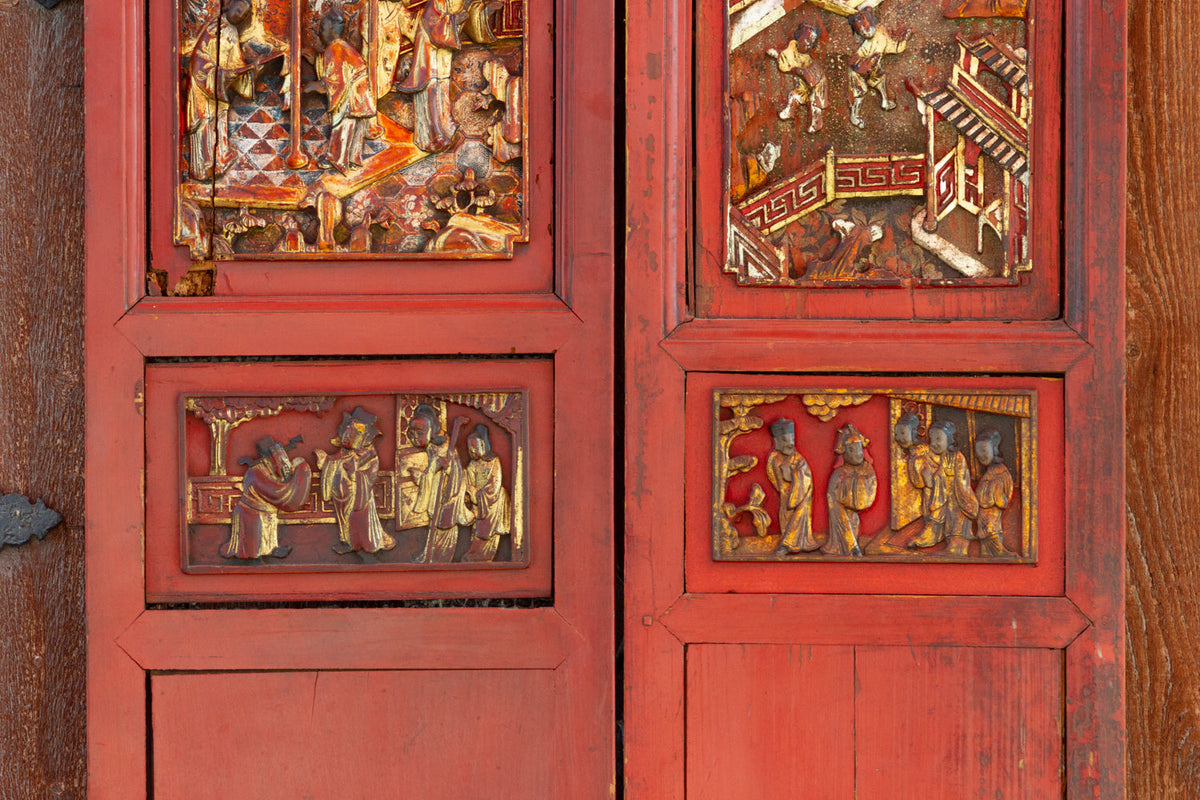 Antique Scarlet Red Gilt Asian Panels, Set of 2