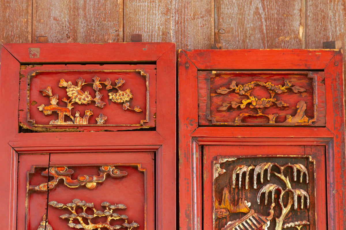Antique Scarlet Red Gilt Asian Panels, Set of 2