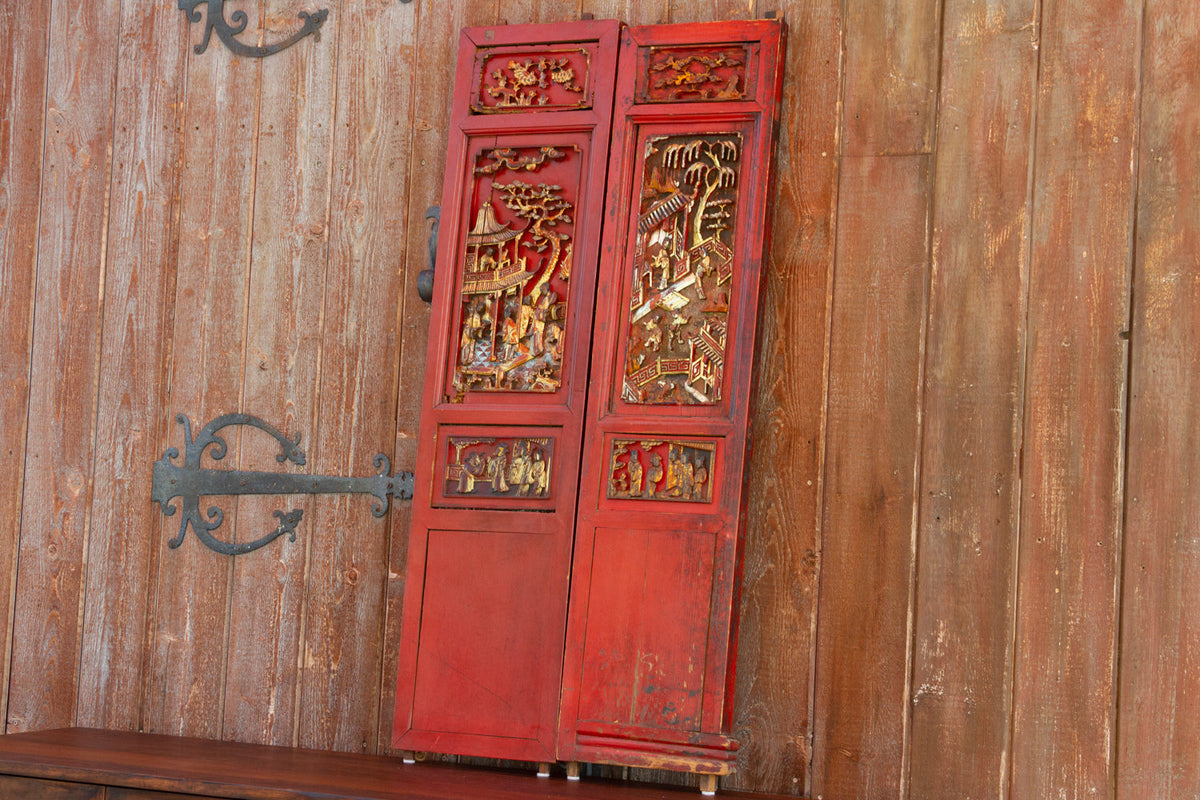 Antique Scarlet Red Gilt Asian Panels, Set of 2