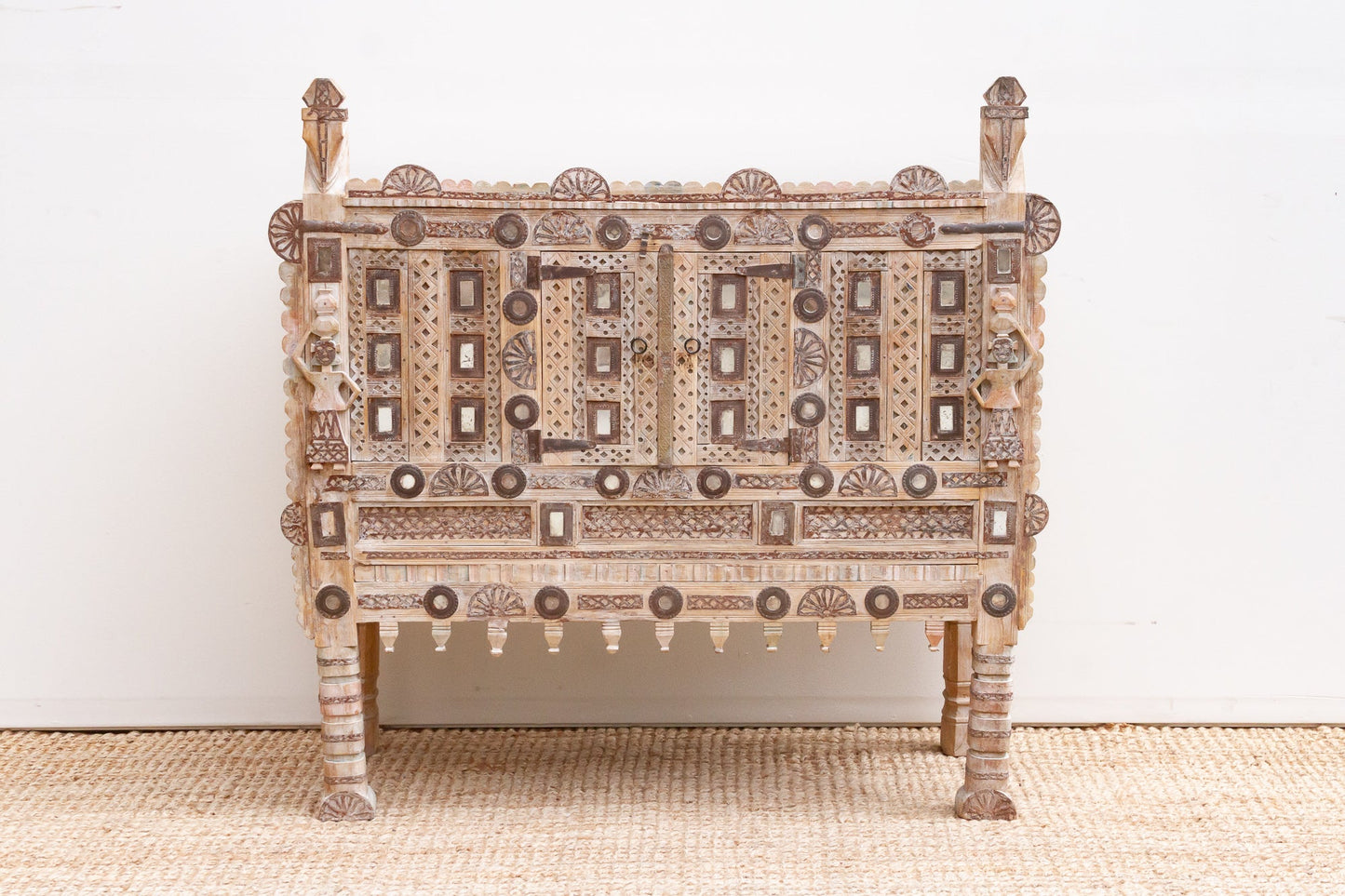Vintage Ornate Indian Damachiya Cabinet w/Mirror Work
