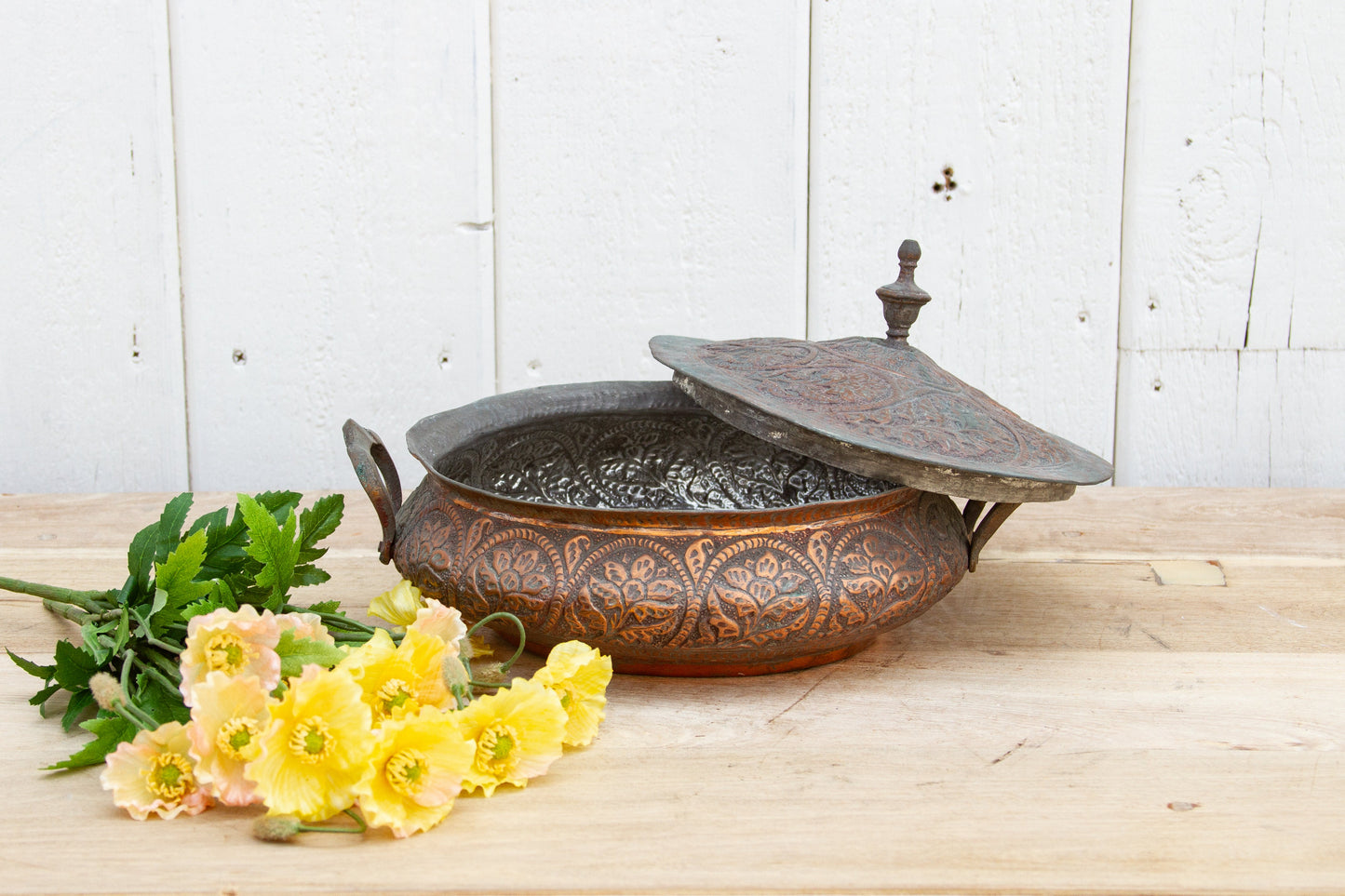 Antique Floral Engraved Copper Bowl