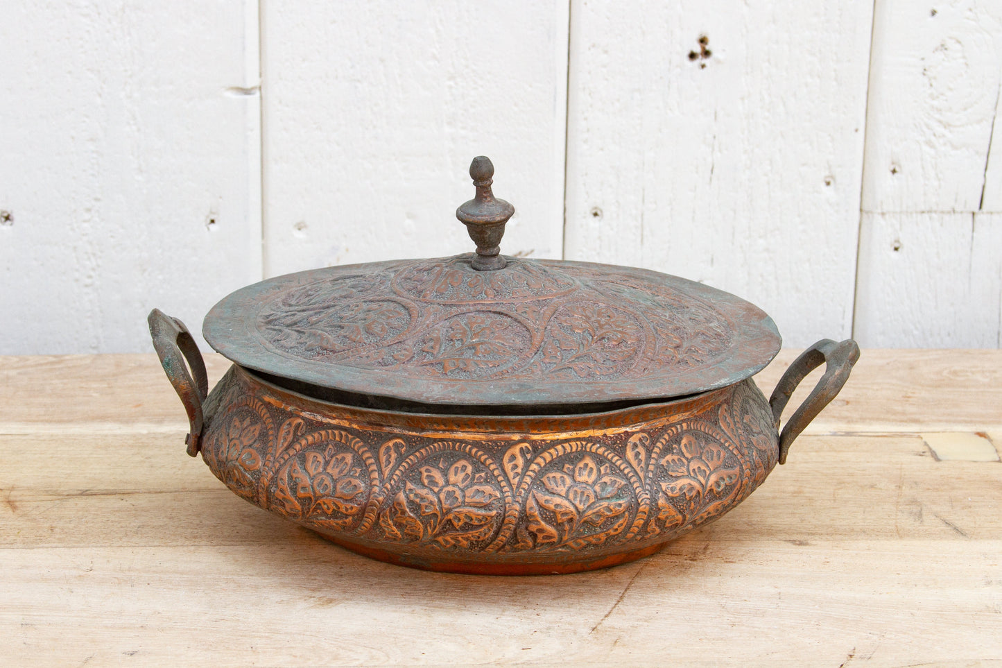 Antique Floral Engraved Copper Bowl