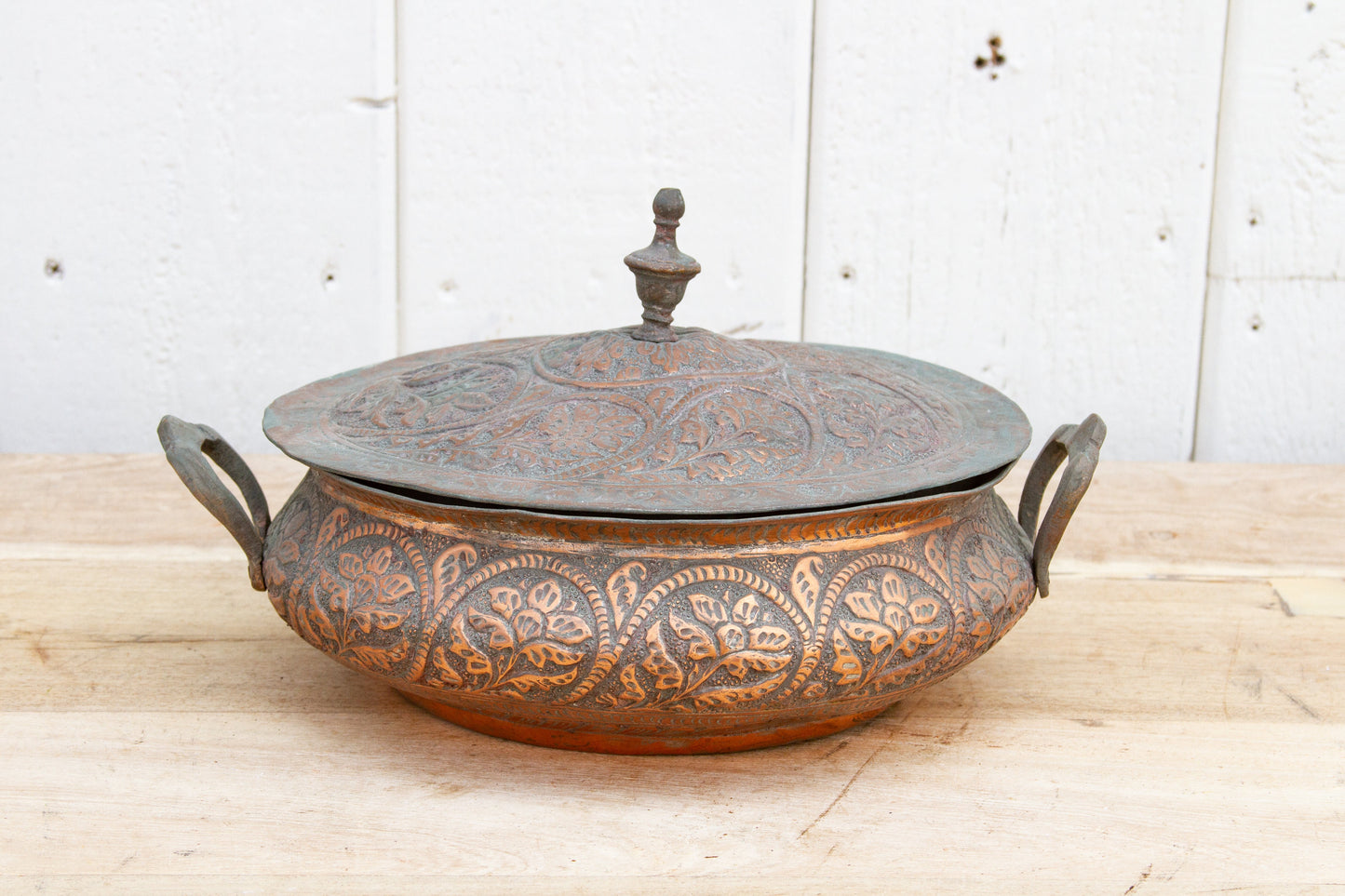 Antique Floral Engraved Copper Bowl