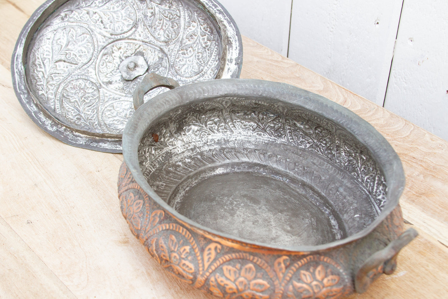 Antique Floral Engraved Copper Bowl