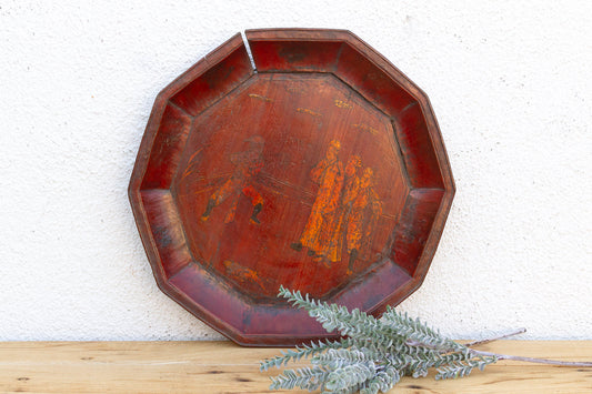 Antique Wooden Platter with Figurative Gilt Scene