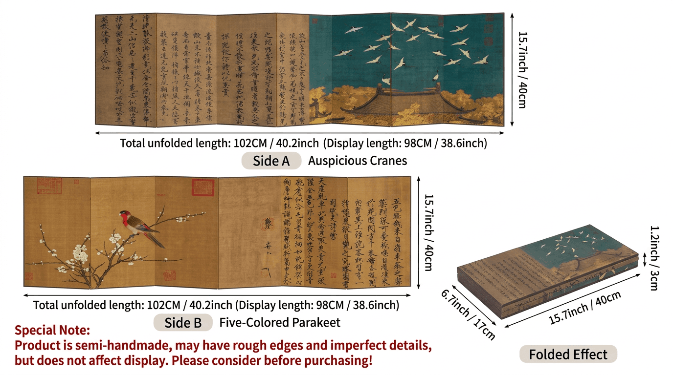 Japanese Imperial Byōbu Folding Screen - Double-Sided "Auspicious Cranes & Five-Color Parrot"