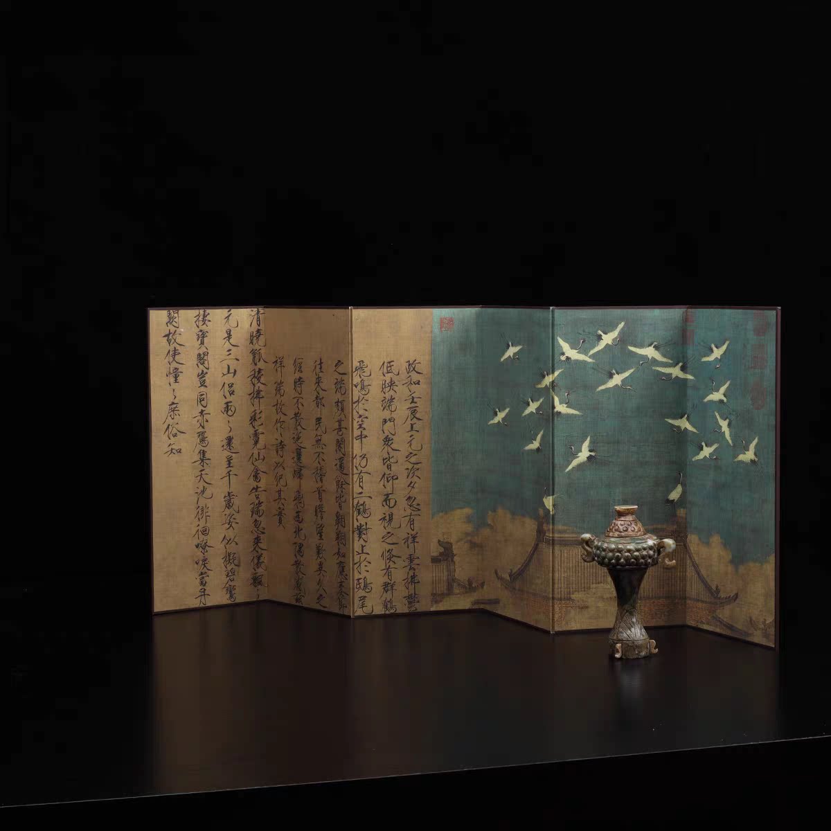 Japanese Imperial Byōbu Folding Screen - Double-Sided "Auspicious Cranes & Five-Color Parrot"