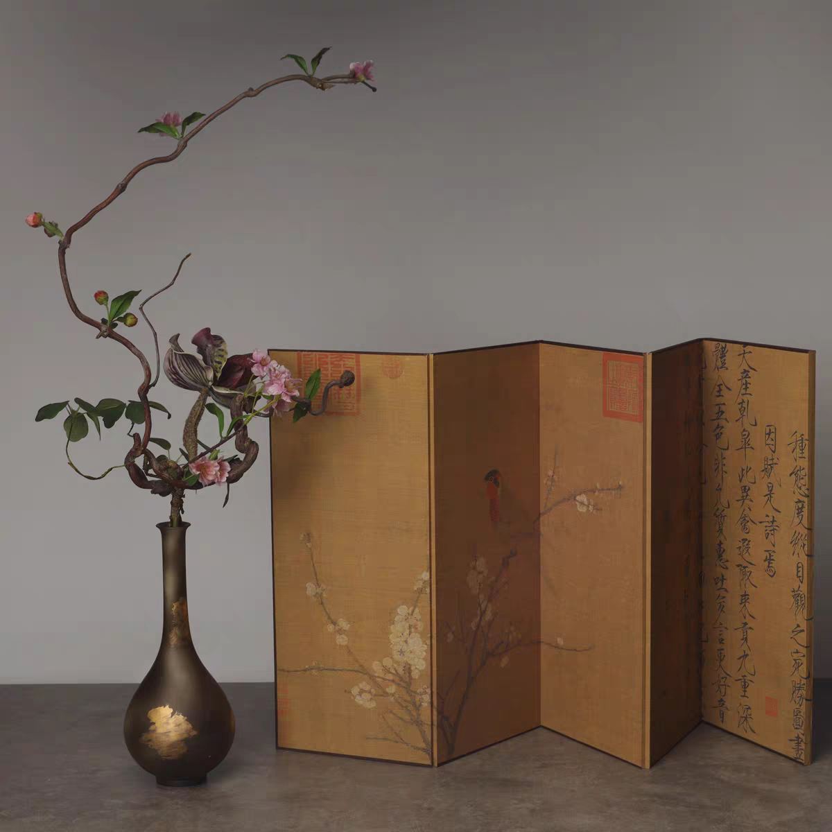 Japanese Imperial Byōbu Folding Screen - Double-Sided "Auspicious Cranes & Five-Color Parrot"