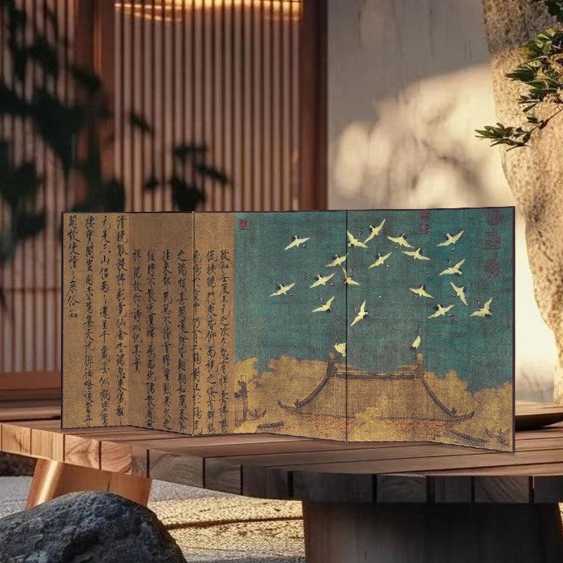 Japanese Imperial Byōbu Folding Screen - Double-Sided "Auspicious Cranes & Five-Color Parrot"
