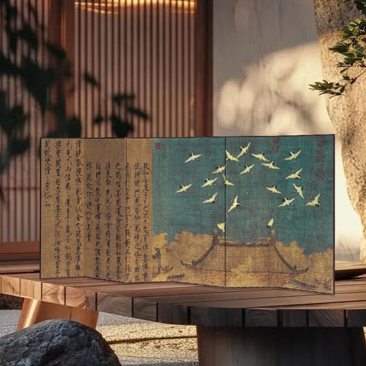 Japanese Imperial Byōbu Folding Screen - Double-Sided "Auspicious Cranes & Five-Color Parrot"