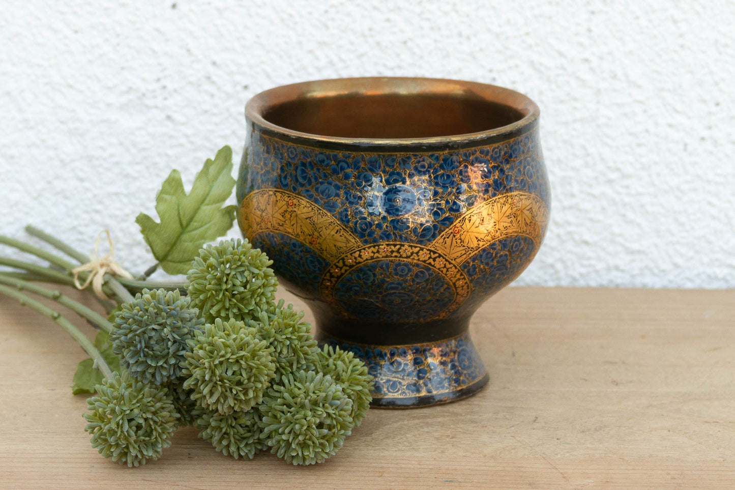 Vintage Kashmiri Blue & Gold Enamel Bowl