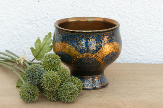 Vintage Kashmiri Blue & Gold Enamel Bowl