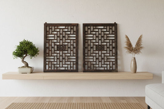 Pair of Antique Qing Dynasty Geometric Lattice Windows