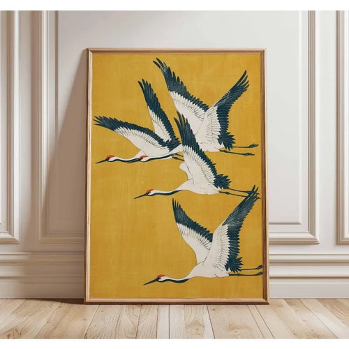 Japanese Elegant Flying Cranes in Gold Poster Flying Cranes in Gold