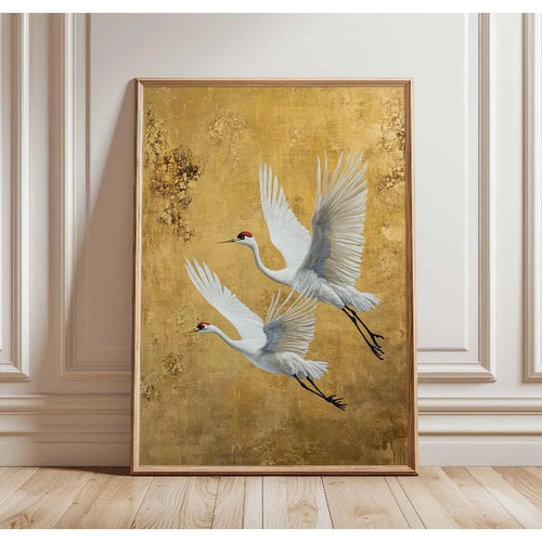 Japanese Elegant Flying Cranes in Gold Poster Flying Cranes in Gold