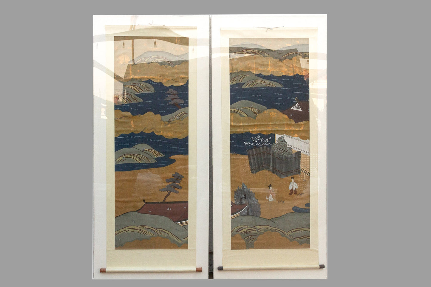 Tall Antique Japanese Nature Scroll Paintings, Set of 2