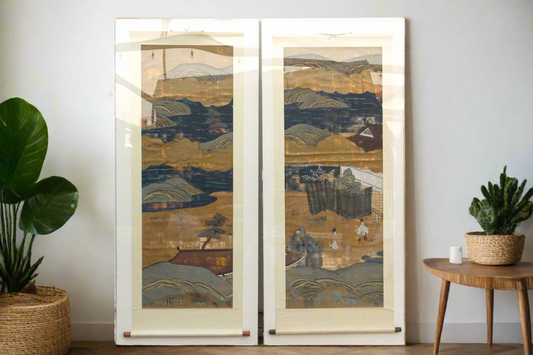 Tall Antique Japanese Nature Scroll Paintings, Set of 2