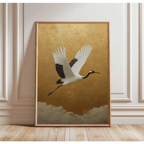 Japanese Elegant Flying Cranes in Gold Poster Flying Cranes in Gold
