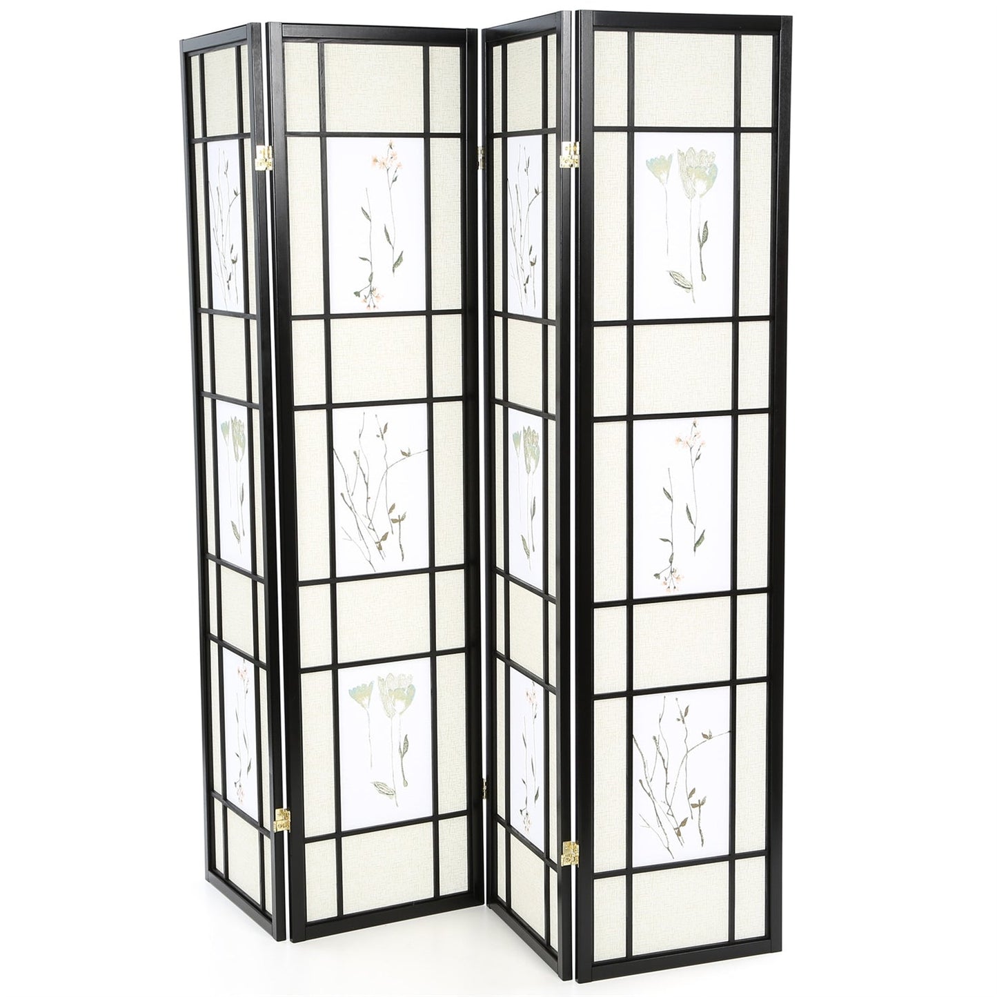 Biombo shoji divisor de espacios de 4 paneles, negro, con estampado floral asiático