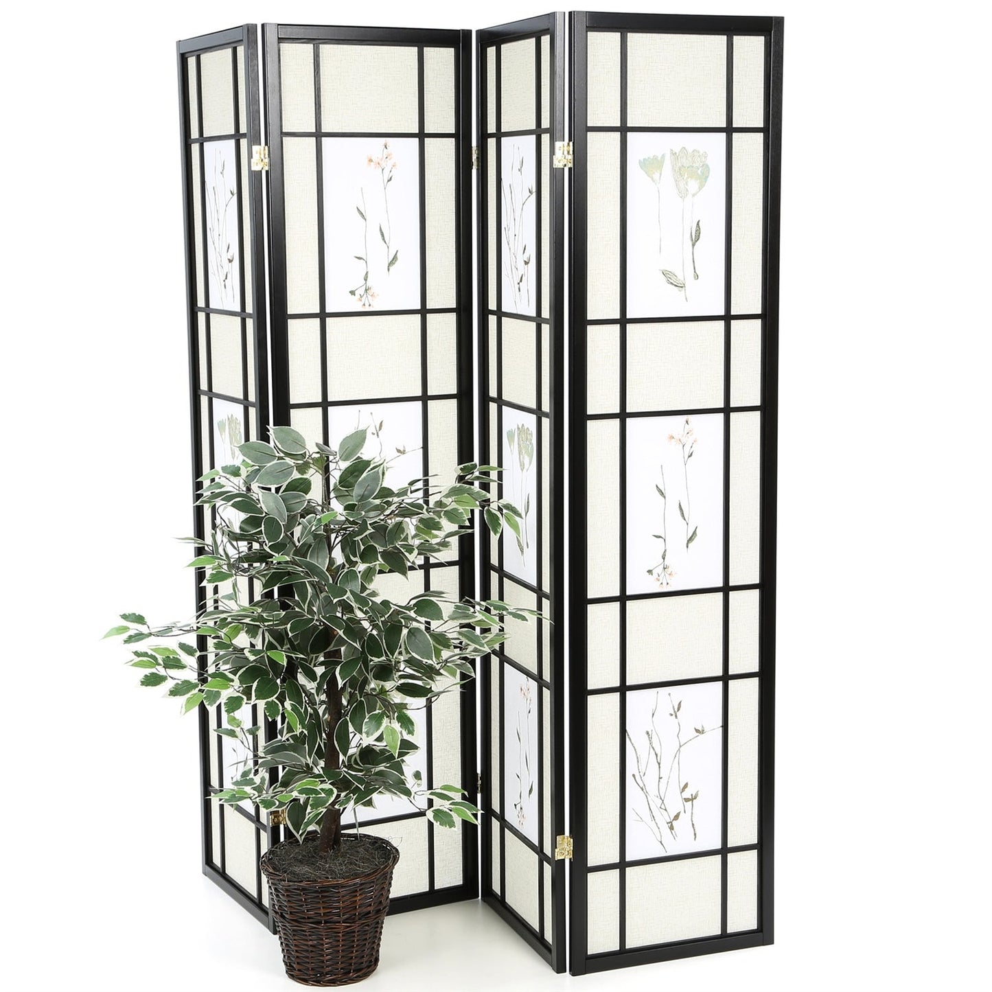 Biombo shoji divisor de espacios de 4 paneles, negro, con estampado floral asiático