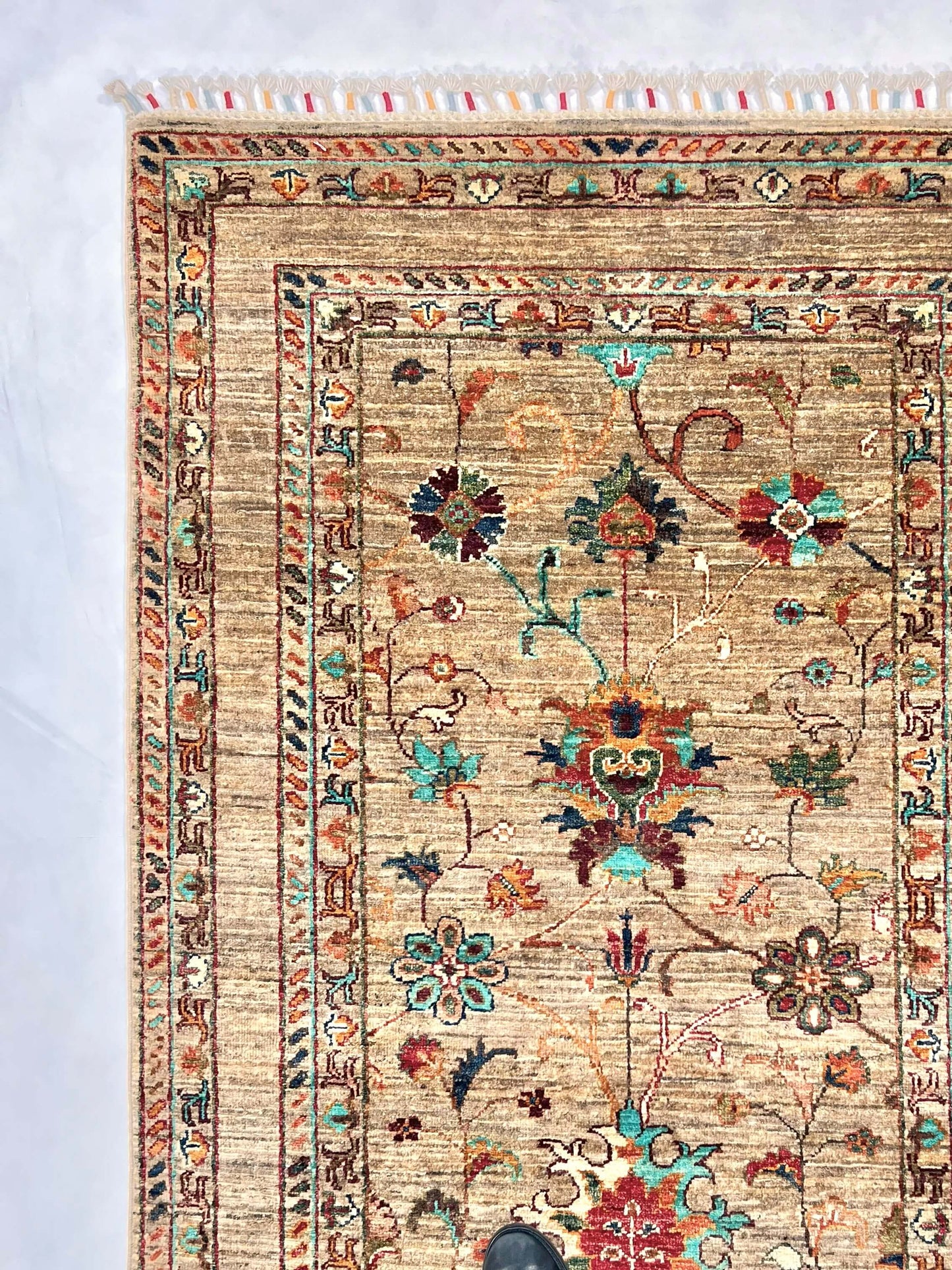 Afghan Khorjin Rug -  (3'03"x4'11") camel/turquoise