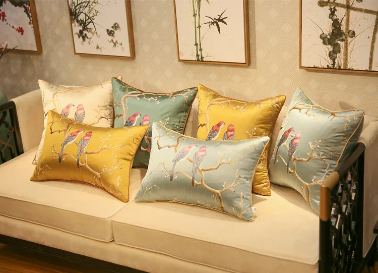 Chinese-Style Sparrow Embroidered Cushion Cover – Blackish-Green Throw Pillow Case