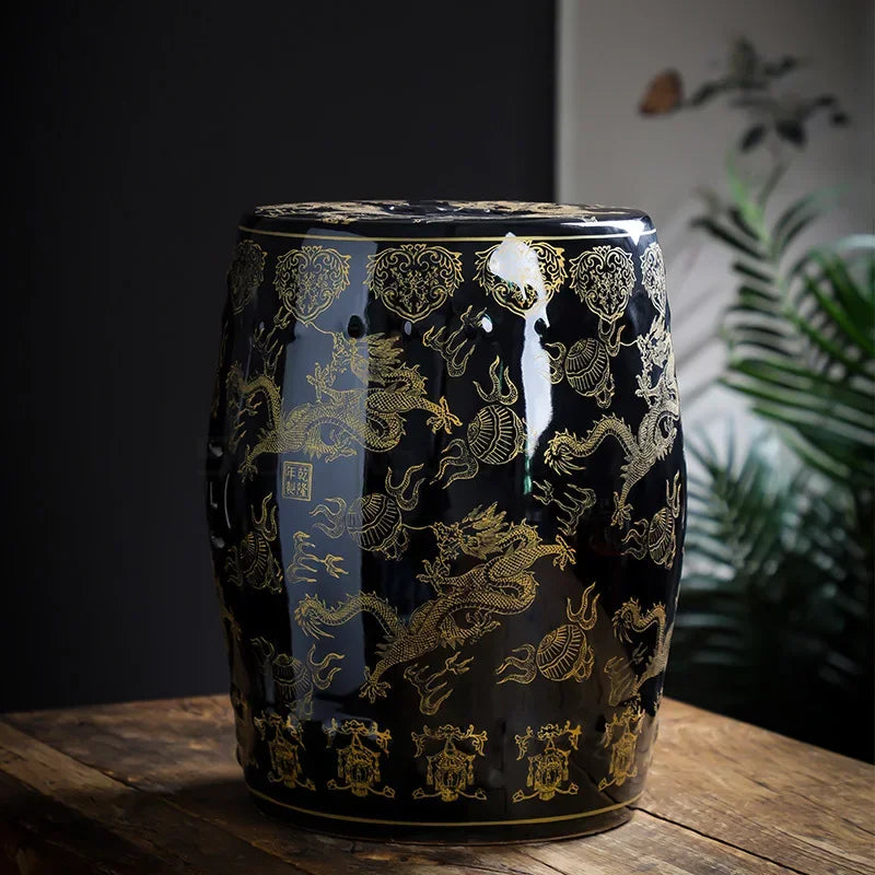 Black & Gold Dragon Porcelain Drum Stool | Modern Chinese Accent Seat & Side Table