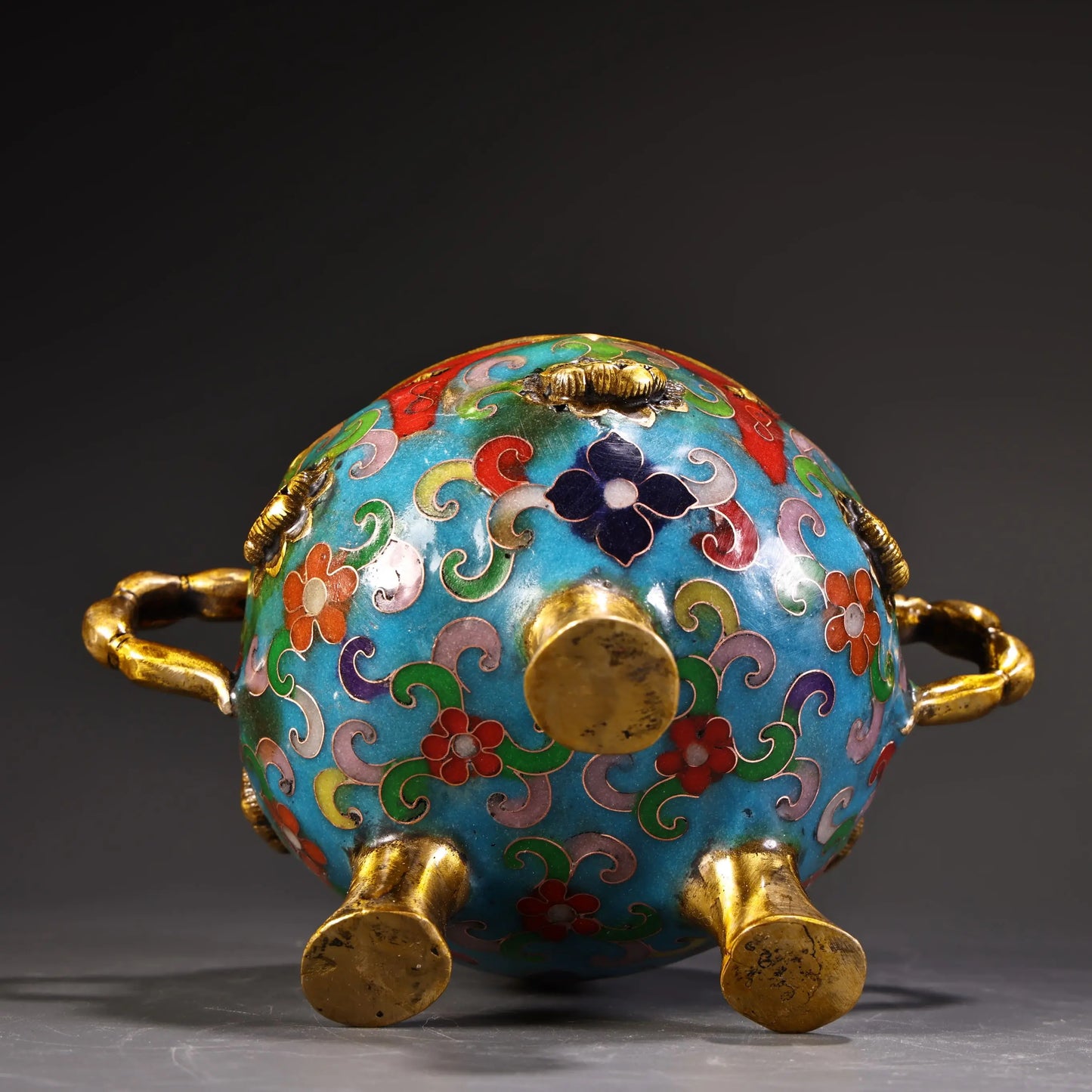 6"Tibetan Temple Collection Old Bronze Cloisonn Enamel High Relief Lotus cover Lotus Root Ear Three Legged Incense Burner