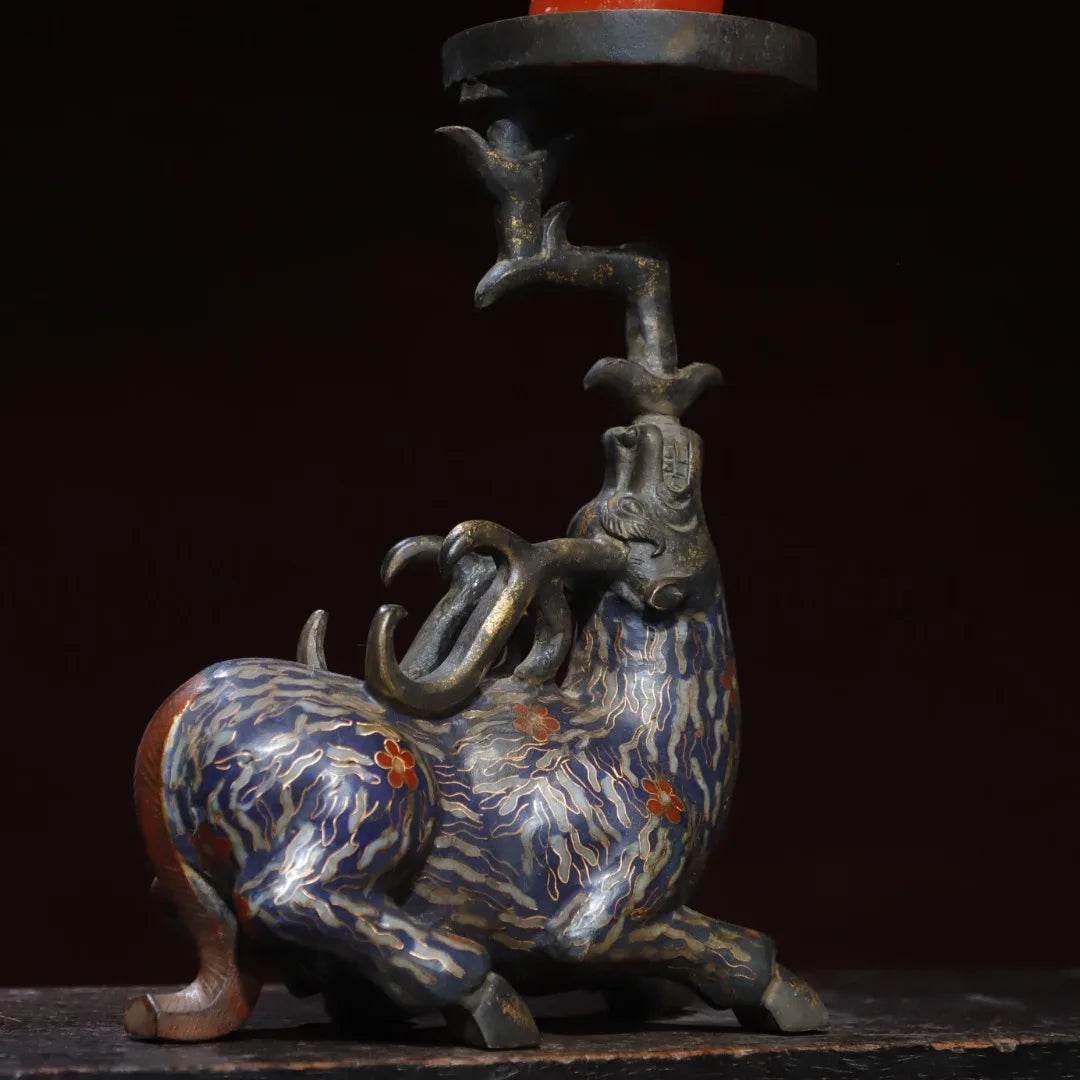 10" Tibetan Temple Collection Old Bronze Cloisonné Sika Deer Candle Holder