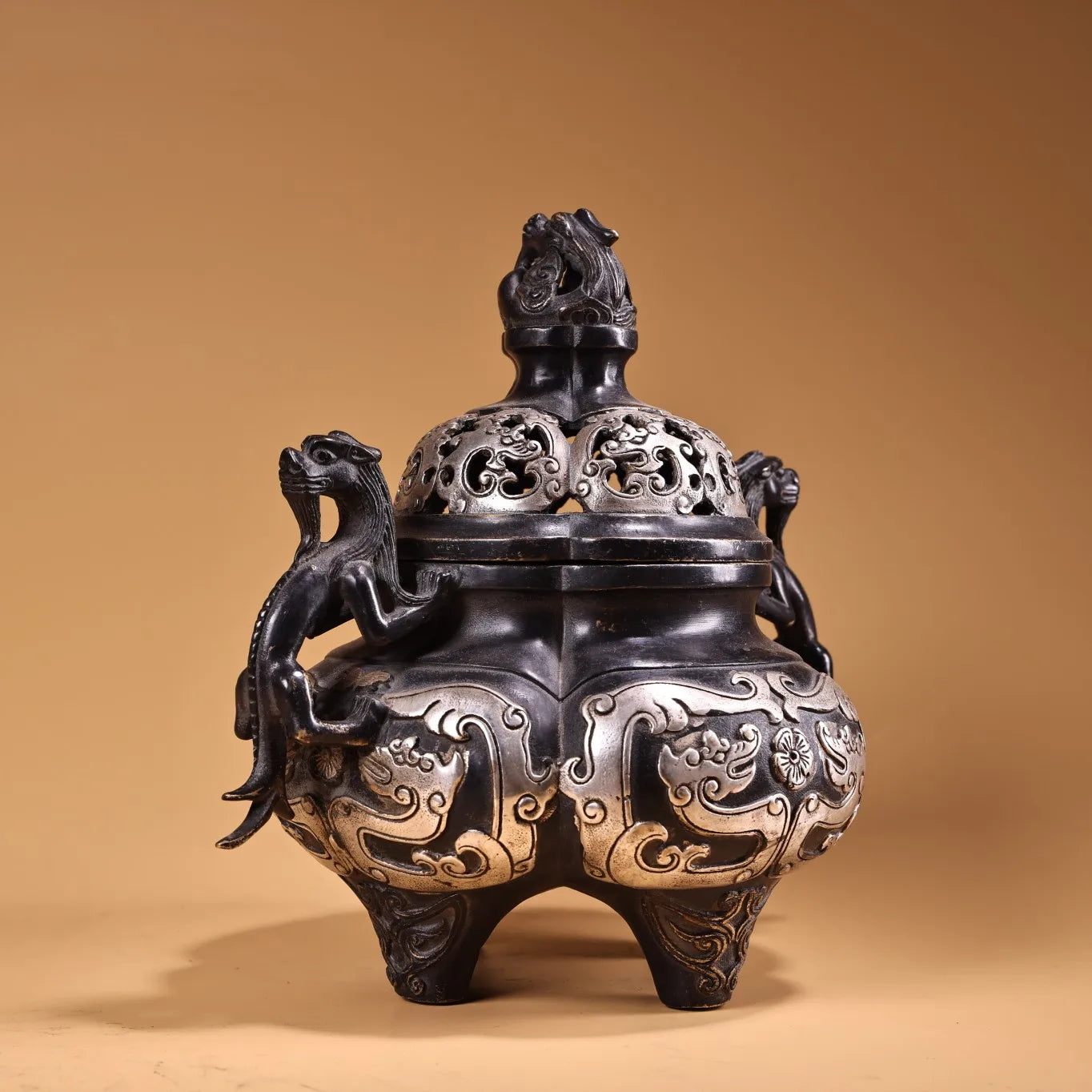Tibetan Temple Bronze Dragon-Ear Censer – Gilded Silver Three-Legged Incense Burner (8")