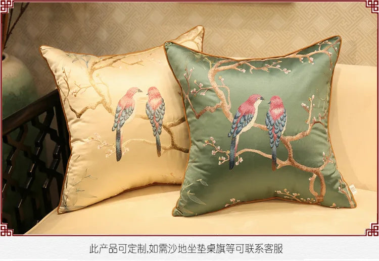 Chinese-Style Sparrow Embroidered Cushion Cover – Blackish-Green Throw Pillow Case