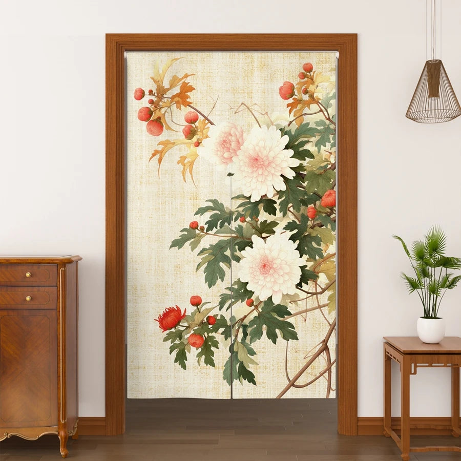 Japanese Ukiyo-e Floral Noren Door Curtain – Linen Blend Room Divider
