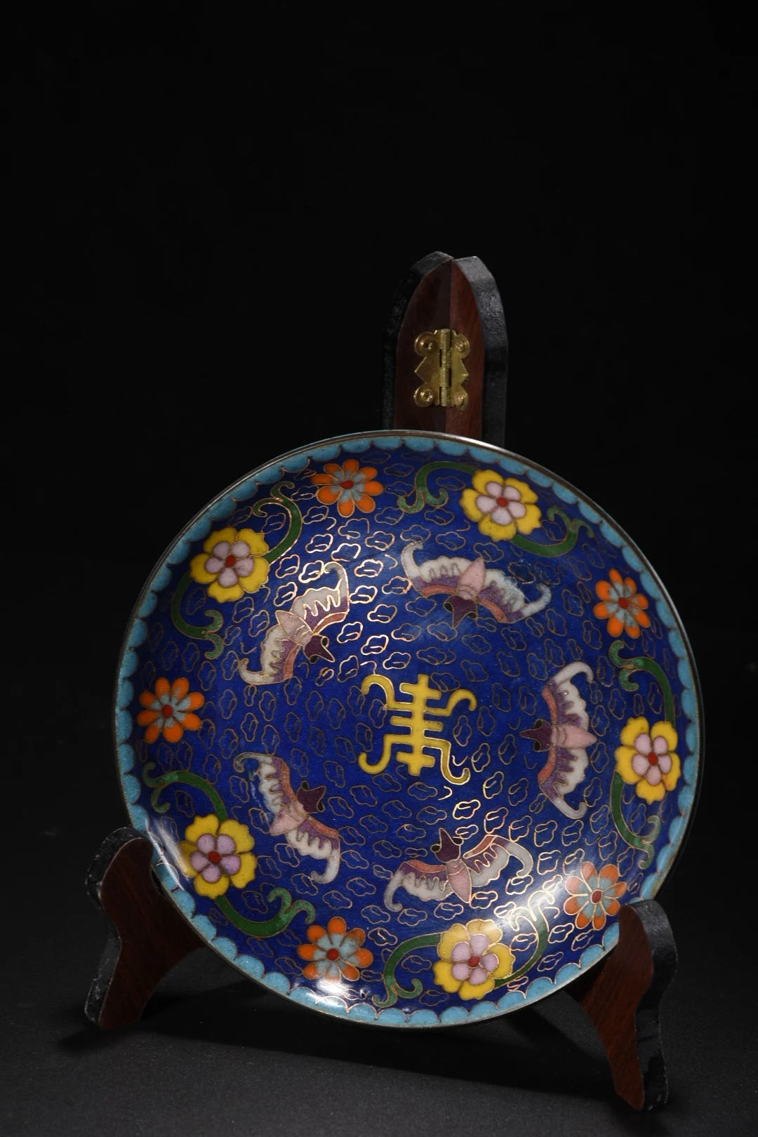 Tibetan Temple Cloisonné Five-Bat Longevity Plate – Bronze Reward Screen (7")