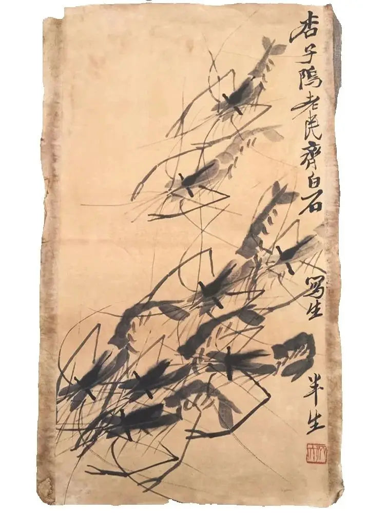 Qi Baishi Chinese Old Scroll Artist's Eight Shrimp Diagram Rice Paper Wall Painting Slice Traditional Oriental Art Decor