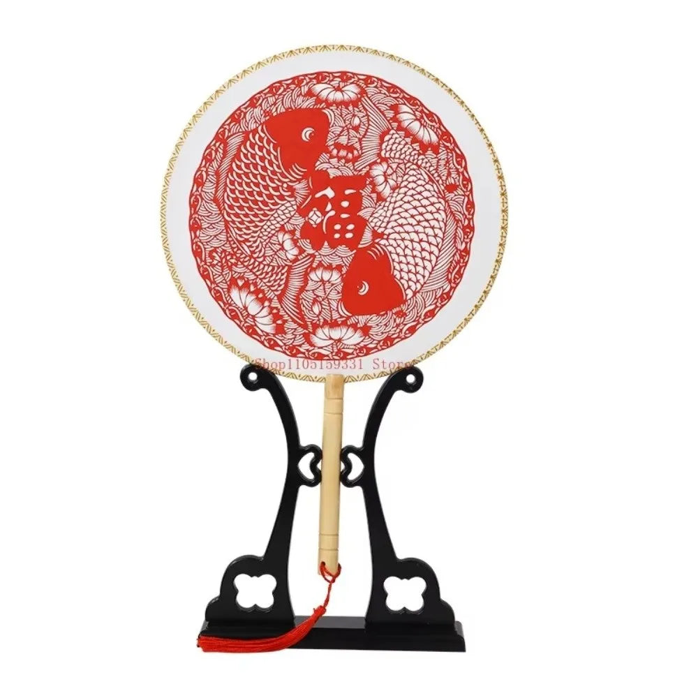 Traditional Vintage Chinese Paper-cut Fan Long Handled Artistic Silk Handheld Fans with Tassel Group Fan Wedding Party