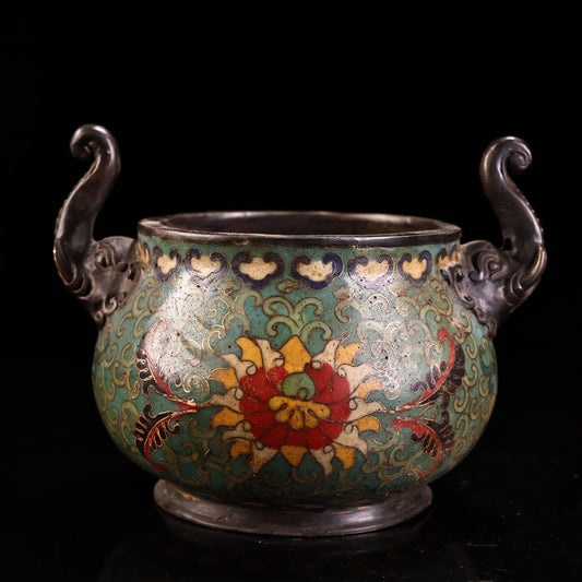 7"Tibetan Temple Collectio Old Bronze Cloisonne Enamel Lotus pattern Elephant Head Ear Smoker Incense Burner Town house