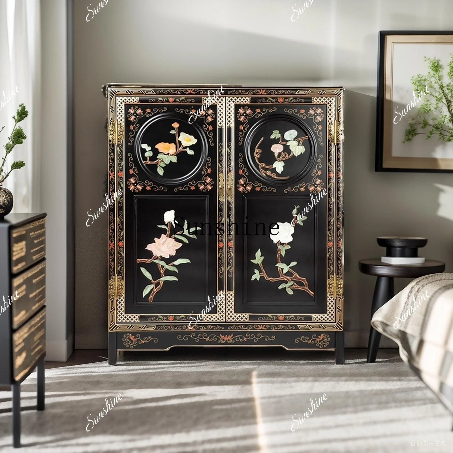 New Chinese Classical Mahogany Door Cabinet – Antique Style Storage Credenza
