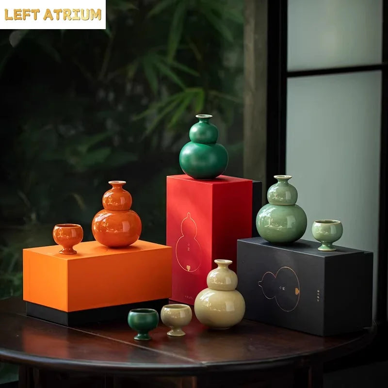 Ceramic Gourd-Shaped Sake & Wine Set – Chinese-Style Hulu Carafe & Cups in Gift Box