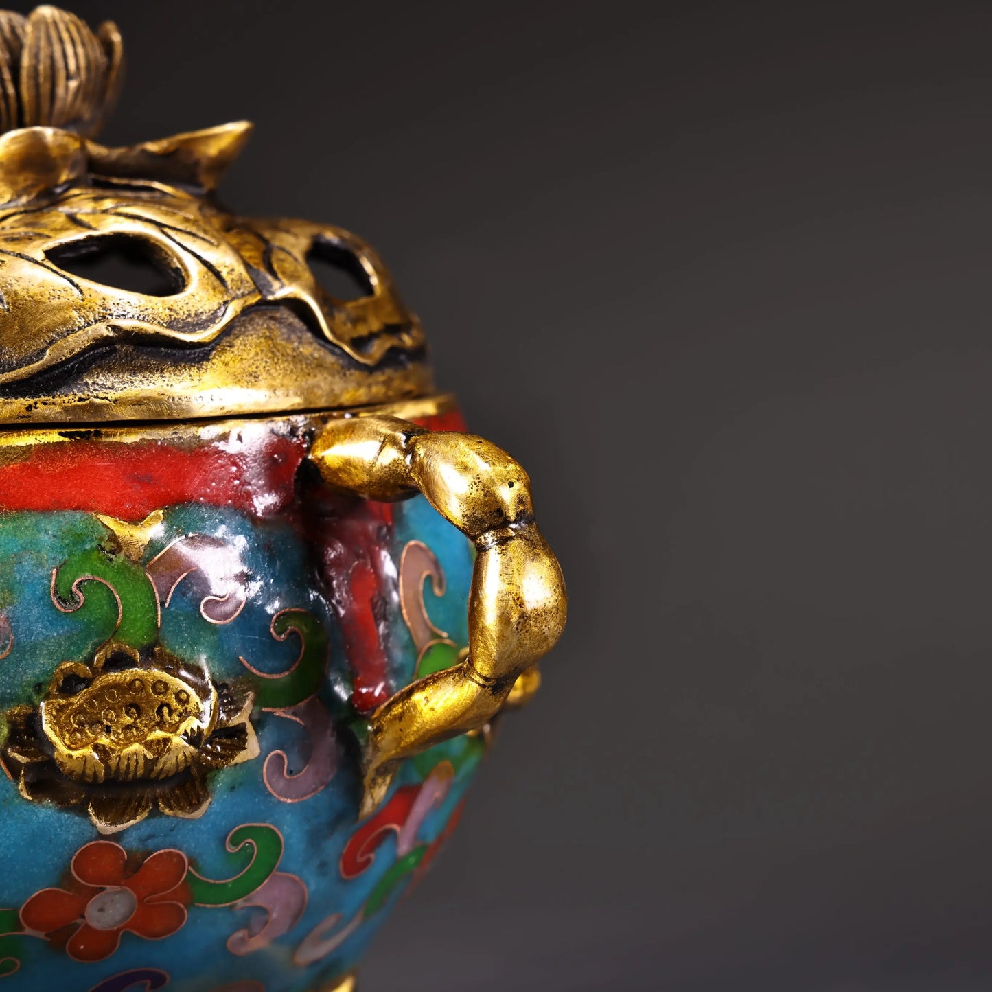 6"Tibetan Temple Collection Old Bronze Cloisonn Enamel High Relief Lotus cover Lotus Root Ear Three Legged Incense Burner